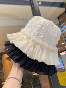 1件式女款優雅荷葉邊水桶帽，珍珠飾邊提花花卉遮陽帽，輕盈透氣夏季帽，適合旅行、海灘及日常穿著 - A - 查看 10