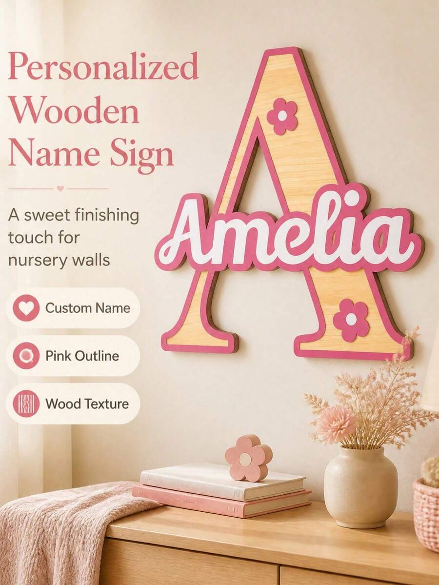 1pc Personalized Wooden Double-Layer Customized Name Decor, Laser Cut Cursive Font Door Wall Plaque, Multiple Colors Available, Suitable As Bedroom, Living Room, Wedding And Housewarming Gift, Valentine's Day Decoration Carving, High-Quality Customized, Exclusive Unique Gift - Rainbow Colors - View 1