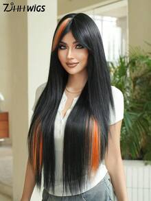 7JHH WIGS 橘色與黑色挑染足球假髮 女款 32 英吋超長直髮合成假髮 附簾幕瀏海 耐熱纖維 Cosplay 造型假髮 適用音樂節派對與萬聖節 - 彩色 - 查看 5