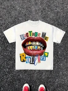 1 pieza con estampado colorido "PICTURE ME ROLLIN" de labios y grillz, camiseta de manga corta con cuello redondo, estampada a la moda para Halloween, 100% algodón, 180g Algodón 100%. - Blanco - Ver 1
