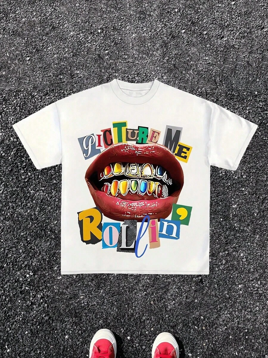 1 pieza con estampado colorido "PICTURE ME ROLLIN" de labios y grillz, camiseta de manga corta con cuello redondo, estampada a la moda para Halloween, 100% algodón, 180g Algodón 100%. - Blanco - Ver 1