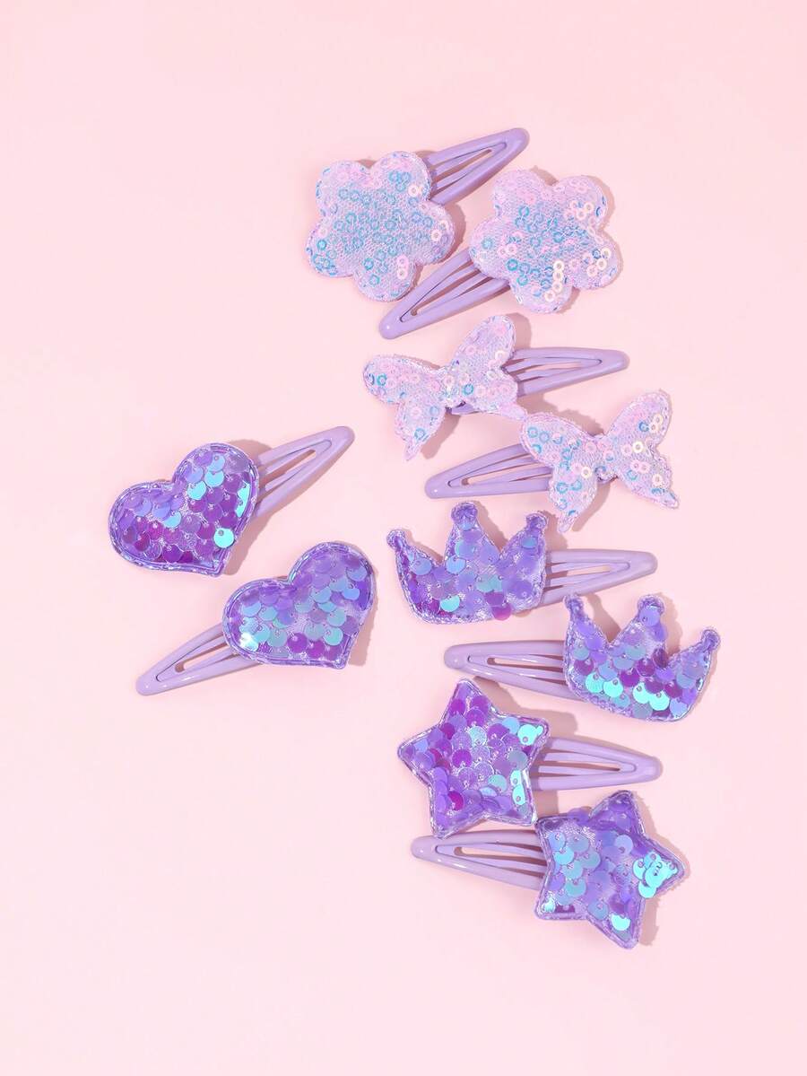 10pcs Purple Glitter Hair Bow For Girls Butterfly Crown Heart Star Flower Hair Clips Sparkly Cute Daliy Vacation Hairpin Teens Hair Accessories - Purple - View 1