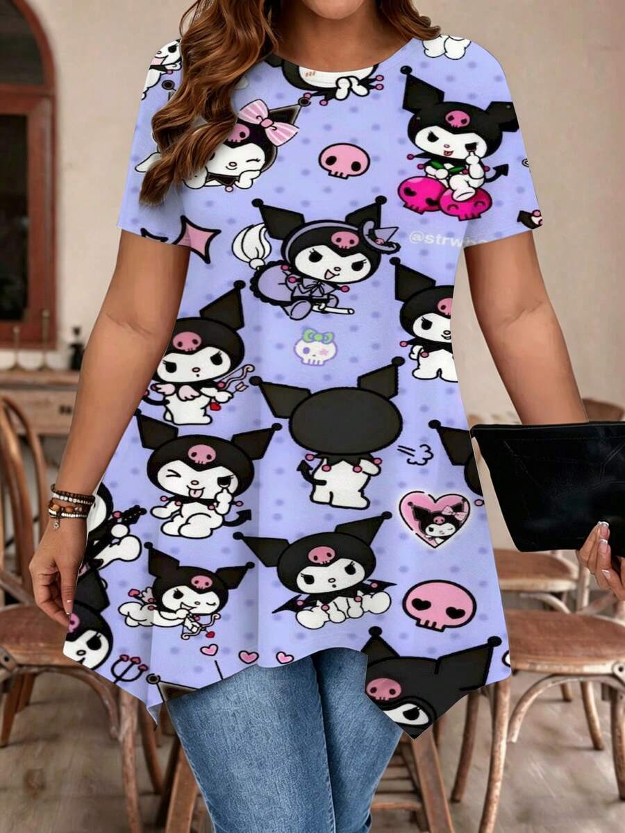 Sanrio Summer Round Neck Top Sanrio Irregular Hem T Shirt Kuromi Print Summer Clothes Summer Tops Casual Wear For Women - 彩色 - 查看 1