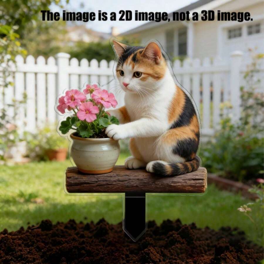 Flat 2D Acrylic Calico Cat Garden Stake Cute Kitten Touching Pink Flower Pot Weatherproof Outdoor Yard Lawn Decor Not 3D Ornament - L - View 1