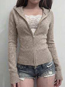 Floral Grey Khaki Zipper Hooded Knit Cardigan, Cropped Slim Fit Casual Minimalist Y2K Top - Apricot - View 1