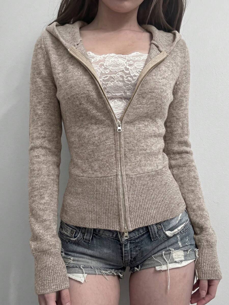 Floral Grey Khaki Zipper Hooded Knit Cardigan, Cropped Slim Fit Casual Minimalist Y2K Top - Apricot - View 1