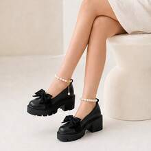 Geeyea Women's High-Heeled Flats, Thick Heel,Round Toe,With Pearl Ankle Strap And Bow Embellishment,Made Of PU Material,Suitable For Parties And EverydayWear - màu đen - Xem 5