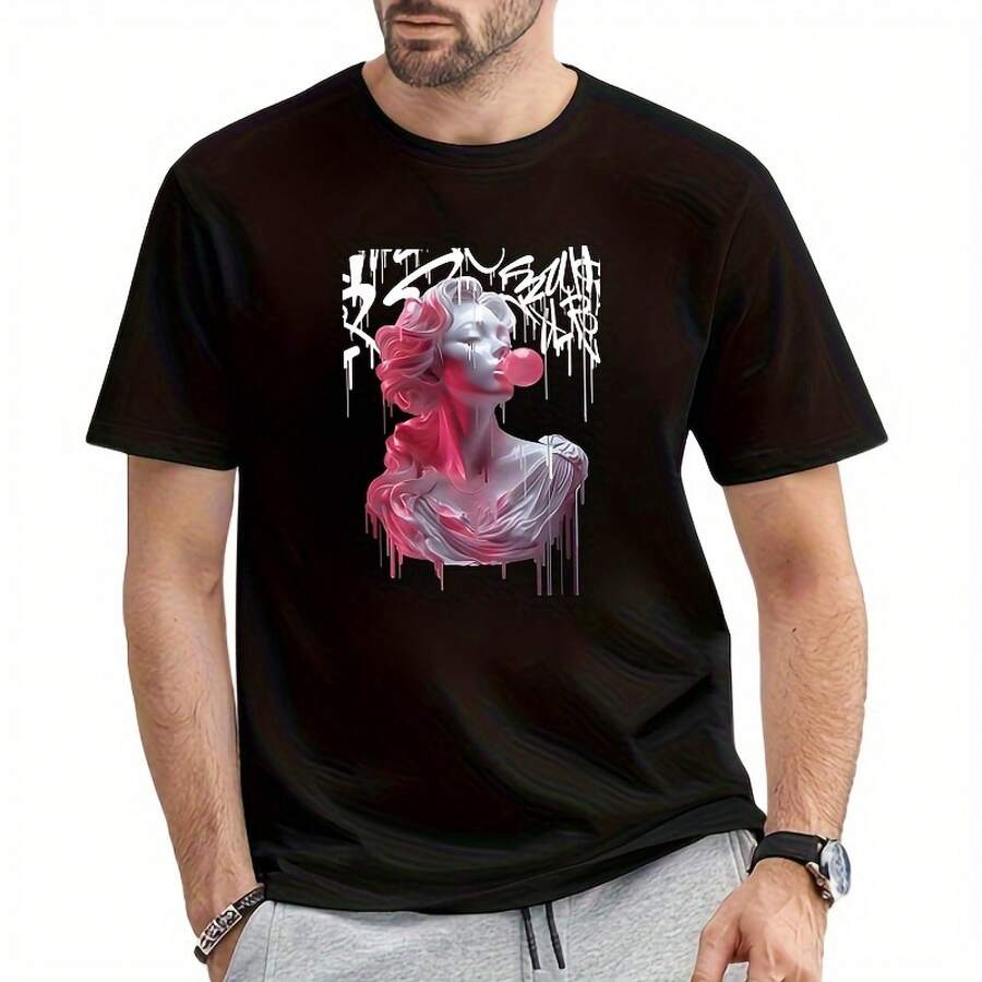 USA City Letter Print Vintage Oversized Tee, Women Casual Summer Short Sleeve Top - Black - View 1