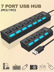 Adaptateur concentrateur USB 2.0 à 4 ports/7 ports, concentrateur multifonction 7-en-1 avec commutateur USB, adaptateur répartiteur portable pour ordinateur, ordinateur portable, téléphone, clé USB, souris, clavier, jeu, lecteur MP3, disque dur et autres périphériques USB. Compatible avec PC, Pro, Mini, Surface Pro, adaptateur OTG, imprimante, appareil photo, ventilateur USB et autres appareils USB. - Noir - Voir 2