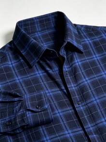 Men's Long-Sleeved Checkered Dress Shirt For June Festivals - Navy Blue - View 4