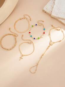 Juego de 5 piezas de pulseras apilables estilo bohemio de playa y vacaciones con estrella de mar y concha, conjunto de joyería con anillo de perla de caracola, adecuado para la playa de verano - Amarillo Oro - Ver 2