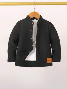 Kemeja Anak Laki-Laki Warna Polos Minimalis Kerah Tegak Kecil Lengan Panjang Kancing Depan Kasual Serbaguna dengan Saku Tempel Warna Polos - Hitam - View 3
