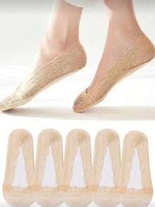 5 Pasang Kaos Kaki Wanita Renda Tak Terlihat Musim Panas Transparan Pendek Tanpa Terlihat Set Kaos Kaki Pendek Putih Silikon Anti Selip (Tanpa Kartu Kertas) - MultiWarna - View 7