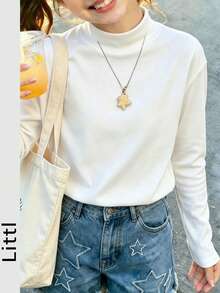 Girls' Solid Color Fitted Long Sleeve Mock Neck T-Shirt, Elastic Soft Basic Layering Top For Daily Wear, Suitable For Teenage Girls - White - View 11