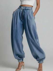 Pantalones vaqueros anchos y sueltos con pliegues y puños, para mujer, de primavera/otoño - Azul medio - Ver 1