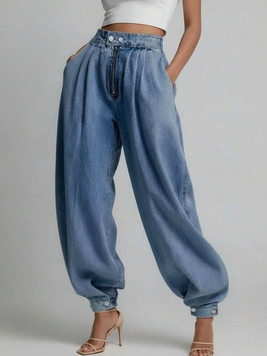 Pantalones vaqueros anchos y sueltos con pliegues y puños, para mujer, de primavera/otoño - Azul medio - Ver 1