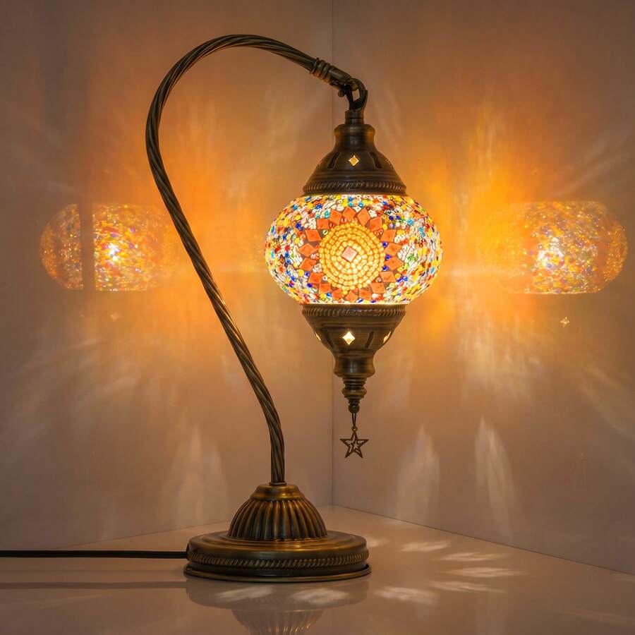 Turkish Moroccan Mosaic Glass Table Lamp, Handmade Swan Neck Bedside Lamp With Bronze Base, 3 Color Modes LED Light, Decorative Nightstand Lamp For Bedroom, Living Room, Boho Home Decor, LED Bulb Included, Orange. - Xem 1