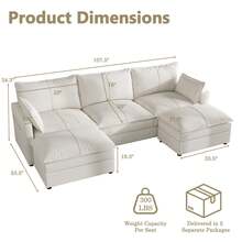 U Shaped Couch, Modern Modular Convertible Sectional, L Shaped Sofa With Removable Washable Covers, Deep Seat Cloud Couch With 300 LBS Per Seat Capacity For Living Room, Bedroom - White - View 4