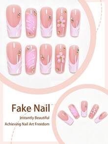 24 piezas de uñas postizas cuadradas cortas para pegar, diseño elegante de ondas de agua 3D con efecto tie-dye floral rosa y blanco francés de cobertura completa, incluye pegamento de gelatina y mini lima de uñas, adecuado para mujeres y niñas para uso diario, fiestas, compras, citas, DIY, pegamento de gelatina enviado al azar - Multicolor - Ver 2