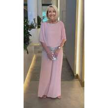 Elegant Sequin Spliced Chiffon Set, Plus Size Crew Neck Batwing Sleeve Spring Summer Formal Suit - Pink - View 4