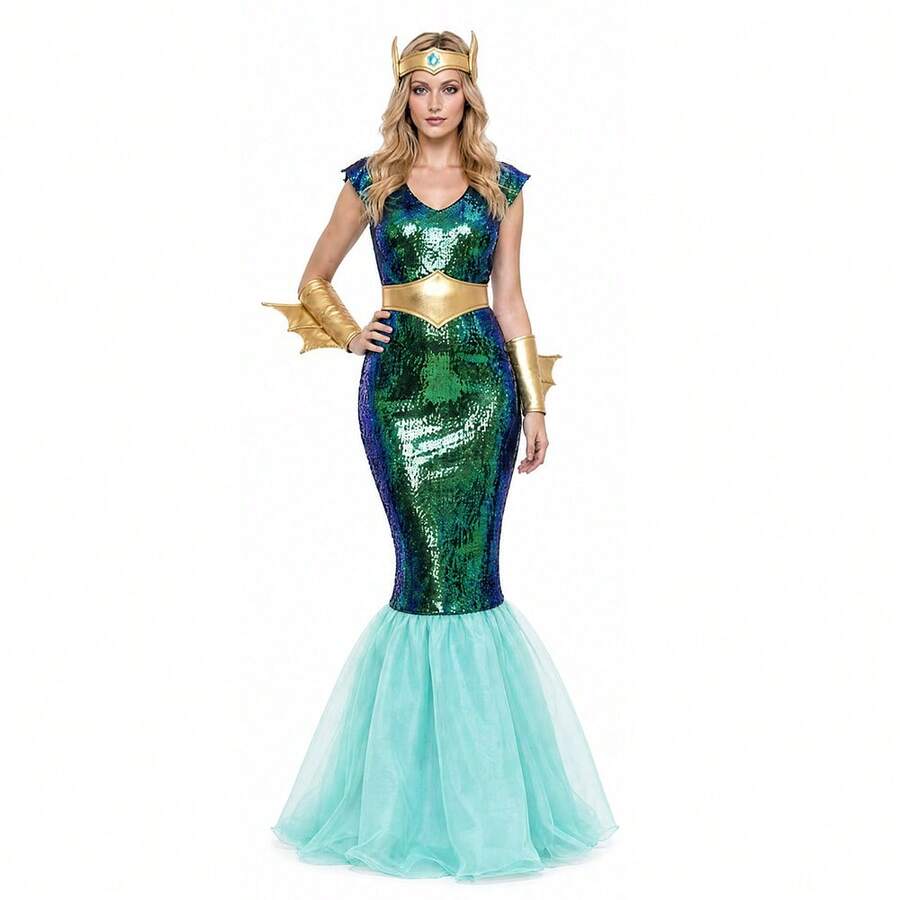 Female Queen Role Playing Dress Sea Princess Costume Adult Women Halloween Party Fancy Costume