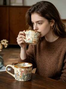 Vintage Farmhouse Floral Butterfly Ceramic Mug, 4 Styles Retro Botanical Print Handmade Wavy Edge Porcelain Coffee Cup, Brown Drip Glaze Rim Heat-Insulated Cup, Suitable For Home Kitchen Office, Women Birthday Holiday Gift - Multicolor - View 5