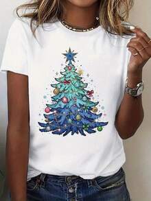 Camiseta casual de mujer de manga corta con estampado de árbol de Navidad para uso en fiestas navideñas - 220g - Blanco - Ver 2
