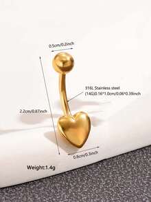Stainless Stee, Heart Decor Navel Belly Ring For Women And Men, Punk Piercing, A Fashionable Body Jewely Gift For Any Occasion - Yellow Gold - View 3