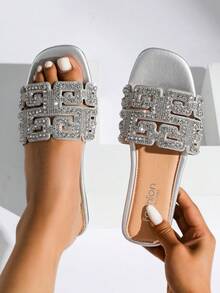 1Pair Women's Plus Size Rhinestone Decor Flat Slide Sandals, Open Toe Summer Shoes For Vacation, Beach And Travel,Order One Size Up For Wide Feet - Silver - View 6