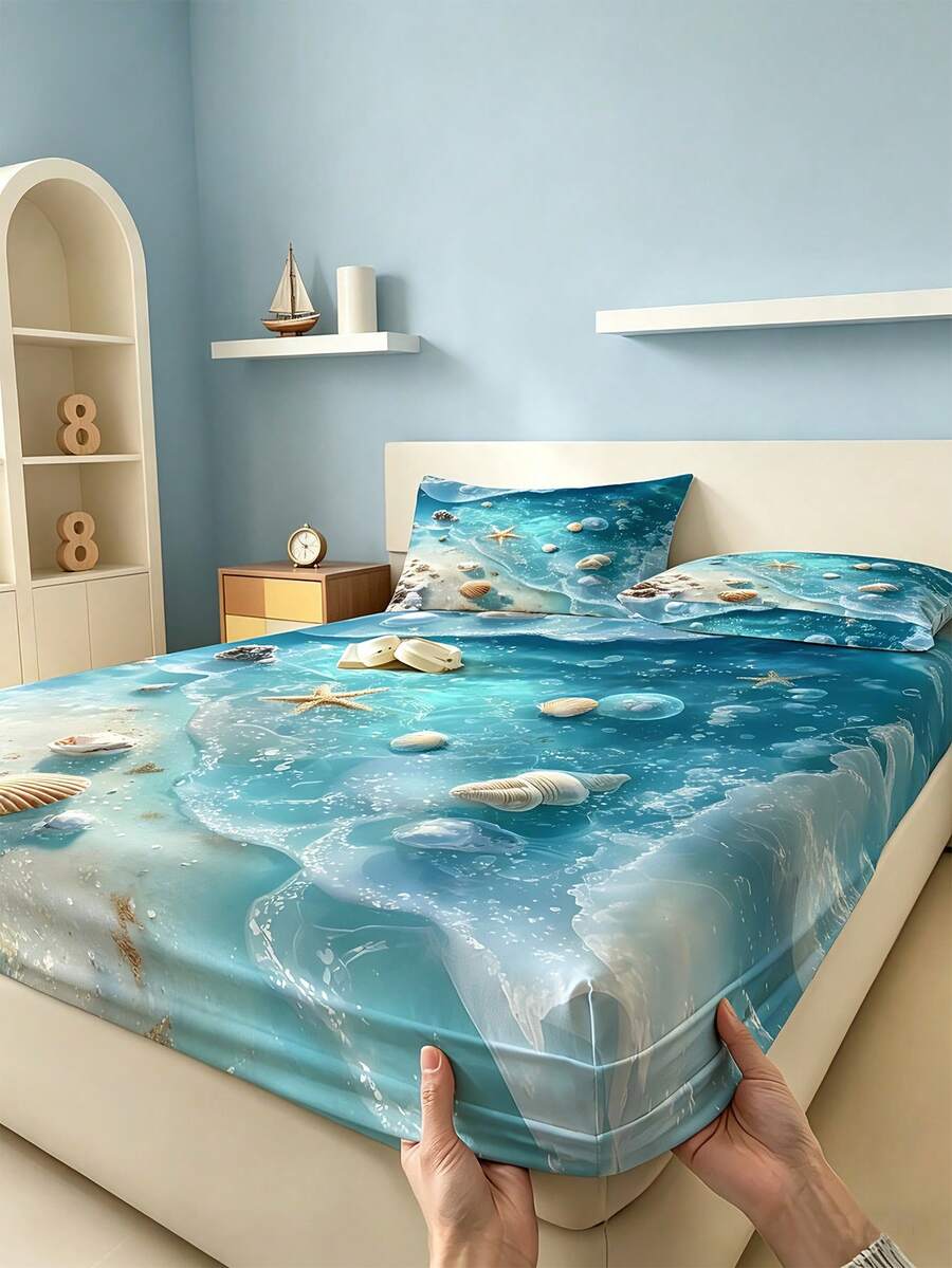 1件海洋海灘主題床笠(僅含床笠,不含枕套),適用於雙人/全尺寸/大號/特大號床鋪。臥室、客房、學校宿舍、飯店四季通用床墊保護套,適合送給父母、朋友、伴侶的禮物 - 彩色 - 查看 1
