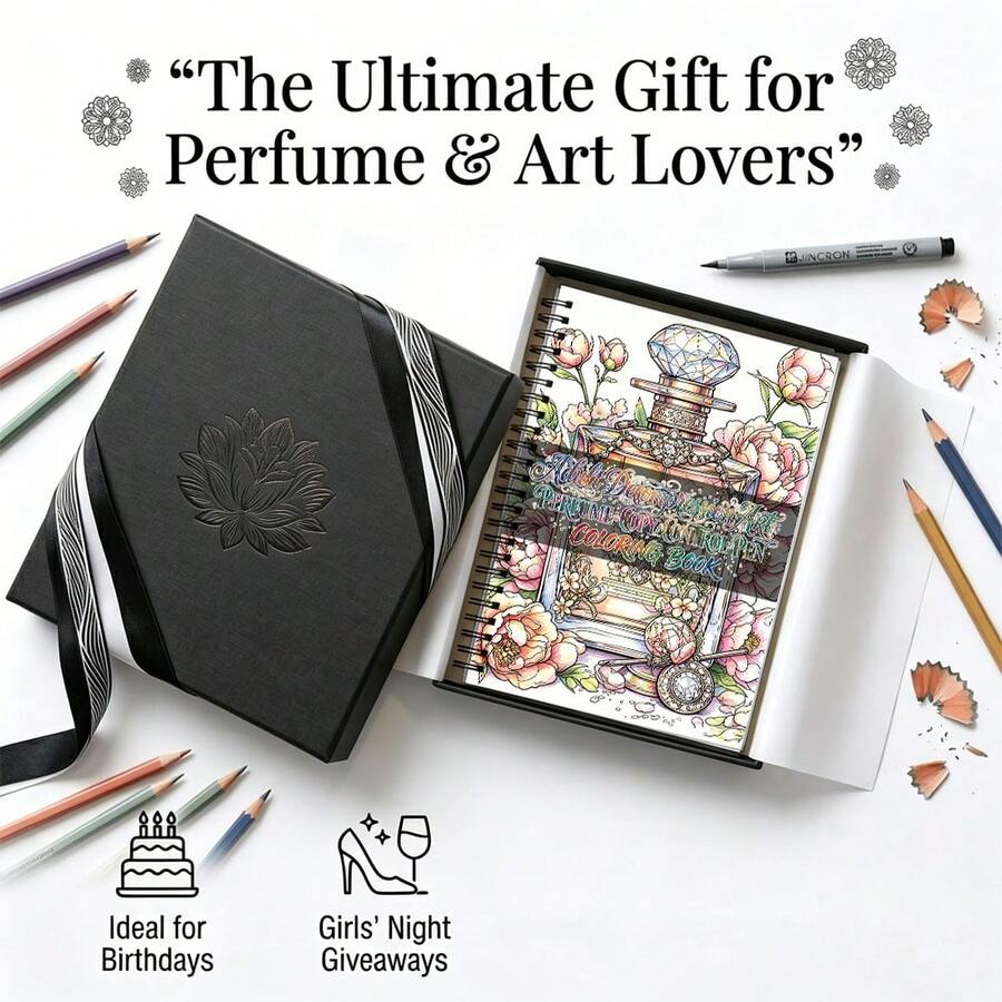 A5 Perfume Art 3合1素描、描摹與著色書，30頁黑色螺旋裝訂成人壓力緩解活動書