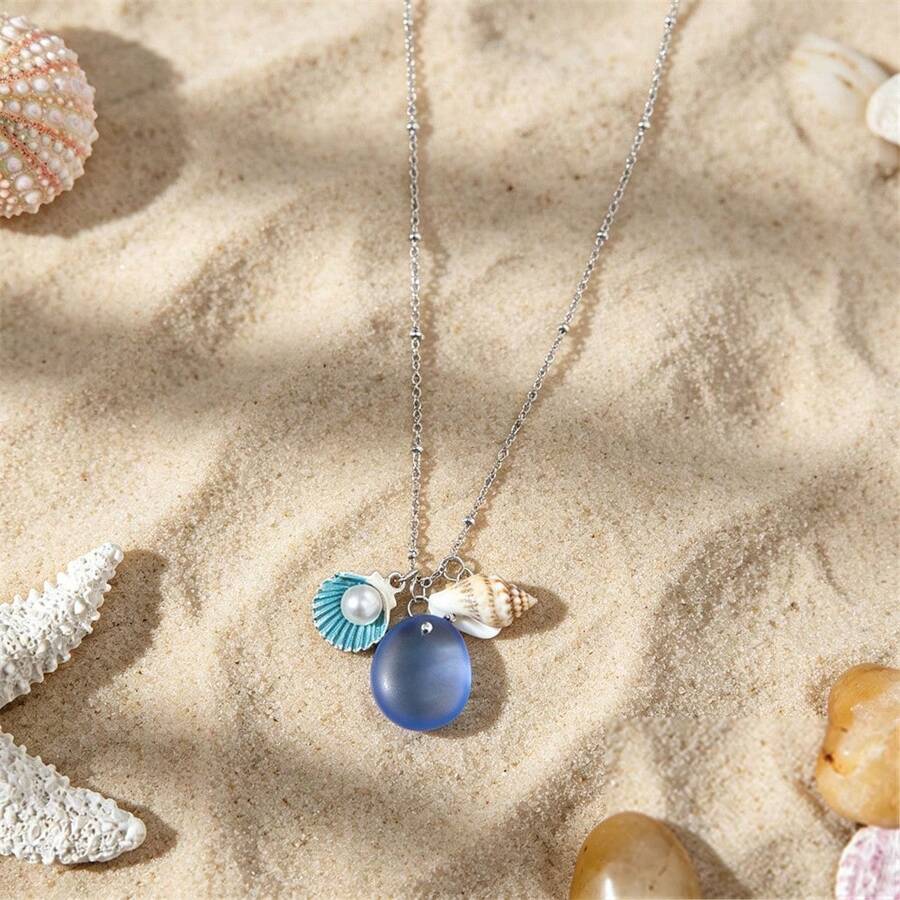 BMOR Handmade Wire Wrapped Blue Sea Glass Pendant Necklace, Bohemian Starfish & Faux Pearl Ocean Necklaces Women, Summer Hawaii Beach Vacation Jewelry Gift - Blue - View 1