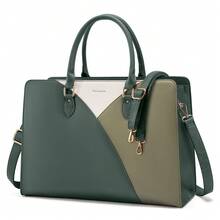Women's Waterproof Tricolor PU Leather Office Tote Bag, Fits 15.6" Laptop, Detachable Strap, Stylish Design, Ideal For Office, Meetings, Shopping, Air Travel And Everyday Use - 墨綠色 - 查看 7