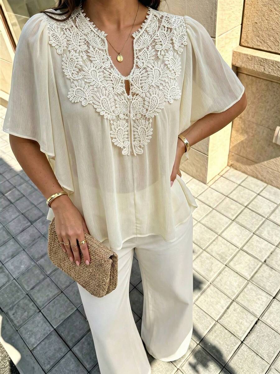 Camisa de verano suelta con estampado floral para mujer de talla, blusa de manga 3/4 con textura transparente, nueva cubierta de verano elegante y casual, cómoda para el ocio y las va - Champán - Ver 1