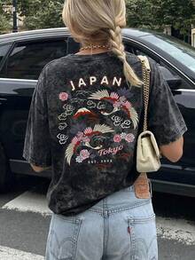 Women's Summer Washed Black Tokyo Crane Floral Mount Back Print Loose T-Shirt, Casual Short Sleeve Round Neck Top, Suitable For Daily Wear, Vacation, Street Style, Back To School, Holiday, Weekend Outing, City Travel - Black - View 1