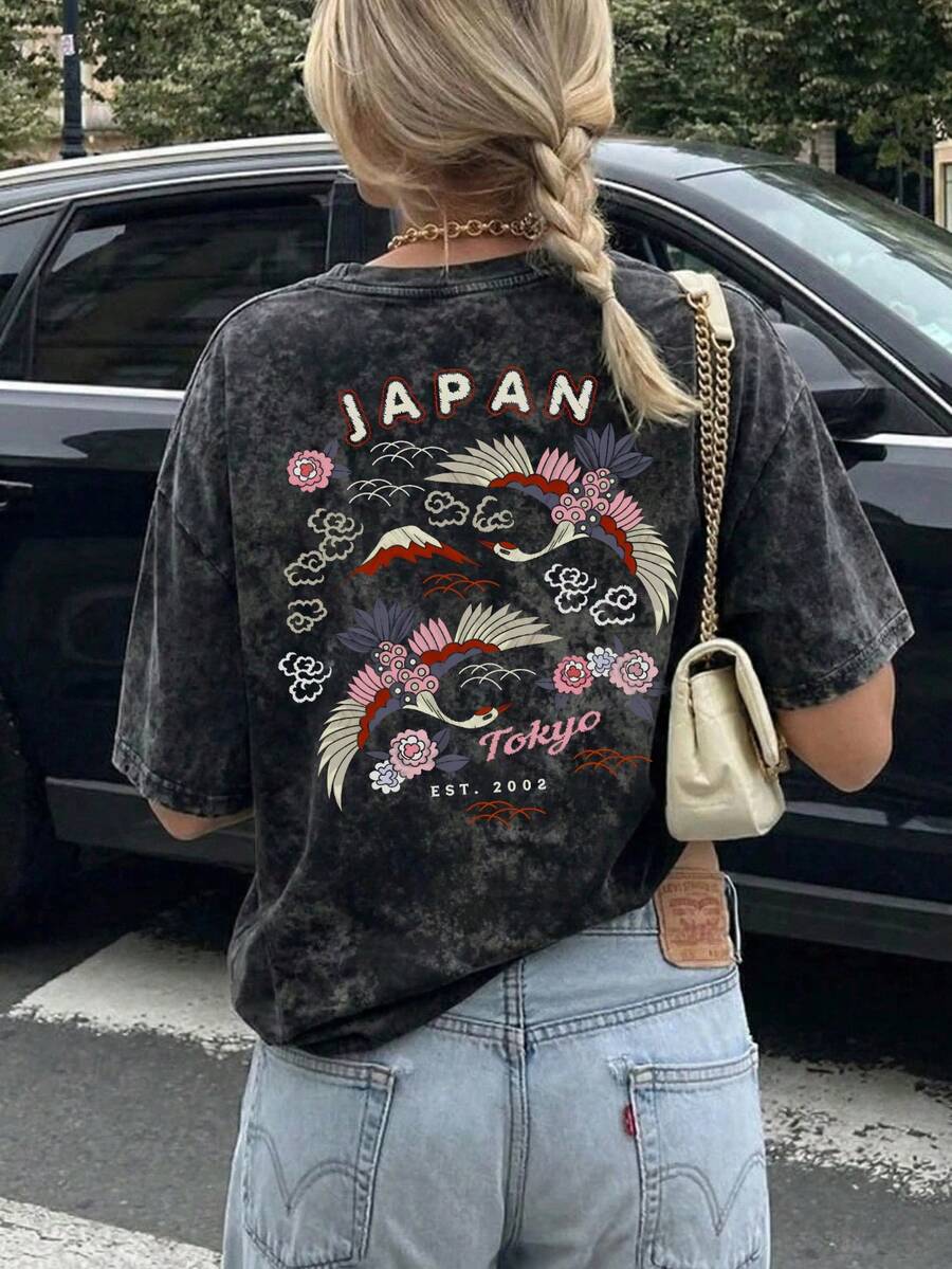 Women's Summer Washed Black Tokyo Crane Floral Mount Back Print Loose T-Shirt, Casual Short Sleeve Round Neck Top, Suitable For Daily Wear, Vacation, Street Style, Back To School, Holiday, Weekend Outing, City Travel - Black - View 1
