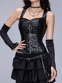 Dark Punk Style Corset Camisole With Multi-Button Front Zipper + Back Lace-Up Design, Suitable For Daily / Party / Halloween Outfits - Black - View 8