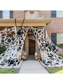 Halloween Giant Spider Web Decoration, Large White Hollow Spider Web, Halloween Decor Spider Web, Torn Spider Web, Can Be Used With Artificial Spiders, Halloween Atmosphere Setup Prop, Haunted House Decoration, Halloween Theme Party Decoration, Home Decor - Multicolor - View 4