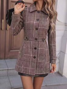 Women's Brown Brushed Wool Button-Front Coat With A Lapel, Regular Length, Long Sleeves, And A Fitted Waist; Elegant And Fashionable Style - Brown - View 3