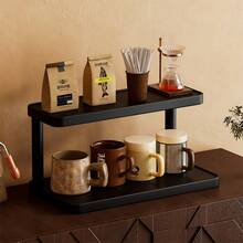 1 pieza Organizador de escritorio de madera sólida negra, estante de almacenamiento de cosméticos vintage de varias capas, estante de almacenamiento multifuncional para el hogar, estante de especias de cocina, soporte para tazas de café, puede sostener lápices labiales, perfumes y tazas de té, estante de exhibición de encimera ahorrador de espacio - Negro - Ver 13