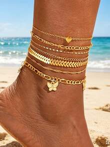 12pcs/7pcs Vintage Elegant Bohemian Style Women's Metal Chain Starfish Shell Butterfly Pendant Pearl Beaded Anklets Suitable For Daily Wear, Party, Gathering And Summer Beach Vacation Travel - Gold - View 3