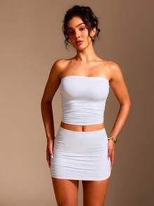 XLLAIS Sexy Strapless Basic Camisole, Fashionable Solid Color Elastic Fitted White Tube Top, Suitable For All Seasons Casual Summer - White - View 8