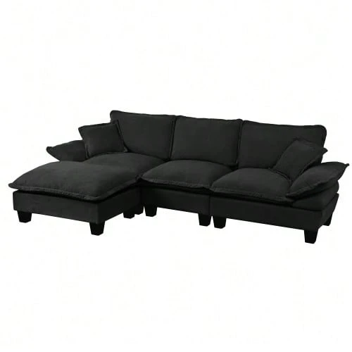 Modular Corner Sofa, Cloud L-Shaped Sofa With A Sailboat-Inspired Design, Including 1 Removable Ottoman And 2 Soft Cushions, Comfortable Chenille Upholstery For Living Rooms And Apartments, Black - Black - View 1