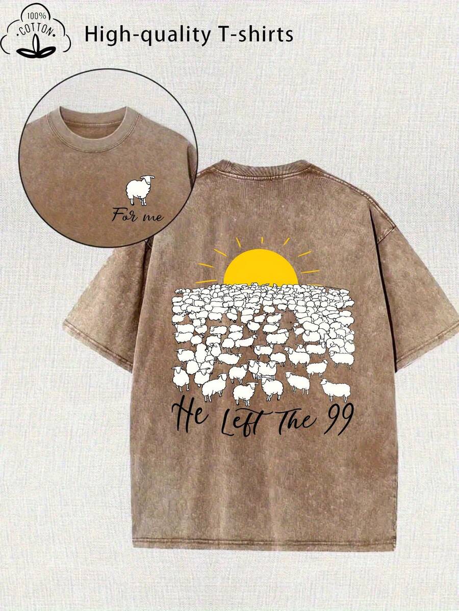 Women's 2026 T-Shirt Made Of Pure Cotton With A Modern Print, Vintage Washed Cotton, Vintage Street Style, Round Neck, Short Sleeves, Machine Washable, Suitable For Casual Wear In Pr - 咖啡色 - 查看 1