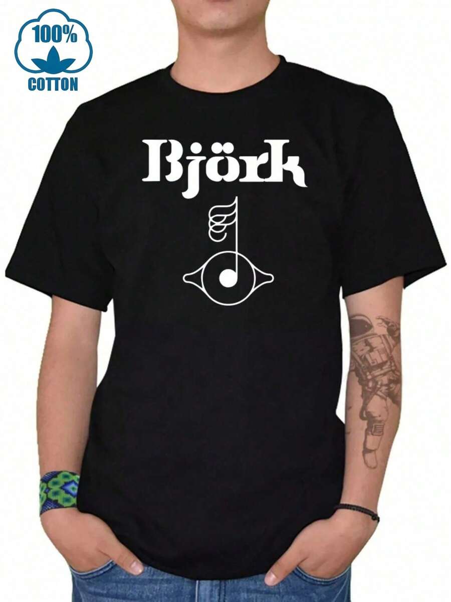 Camisetas de hombre con el patrón de Björk y una nota musical en un ojo, representan la singularidad y la visión artística de la cantante islandesa. Camiseta de hombre% algodón para vera - Negro - Ver 1
