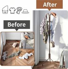 Freestanding Coat Rack, Hat Rack, Jacket Organizer, Metal, 18.3" L X 18.3" W X 71.5" H, White - Brown - View 4