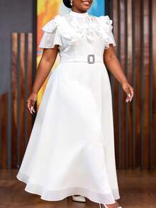 Elegant Plus Size Women White Chiffon Maxi Dress With Mock Neck Layered Ruffle Short Sleeves Belt Rhinestone Buckle Cocktail Party Wedding Guest Gown - White - View 4