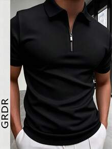 GRDR Men's Summer Polo Collar Half Zip Short Sleeve Shirt, Suitable For Outdoor, Vacation And Casual Wear - Black - View 4