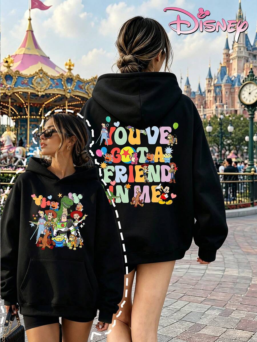 Disney Women's Hooded Sweatshirt, Unisex Sweatshirt, Colorful Letter Toy Story Collaboration Sweatshirt With Heart And Balloon Print. - Black - View 1