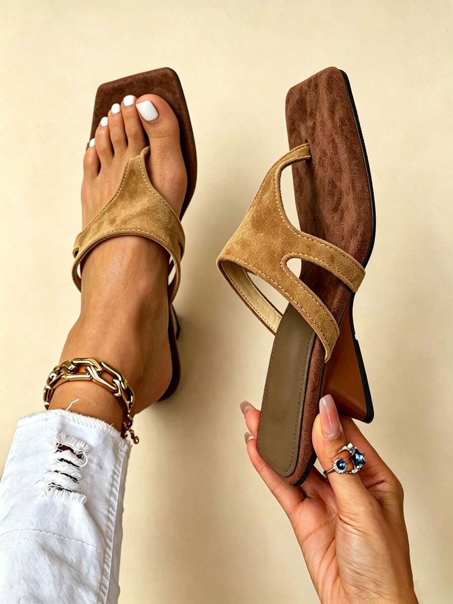 Tongs à orteil pour femmes, sandales de plage d'été pour l'extérieur, style fée, talon compensé haut, sexy, en PU, nouvelles pour les vacances - Tabac - Voir 1